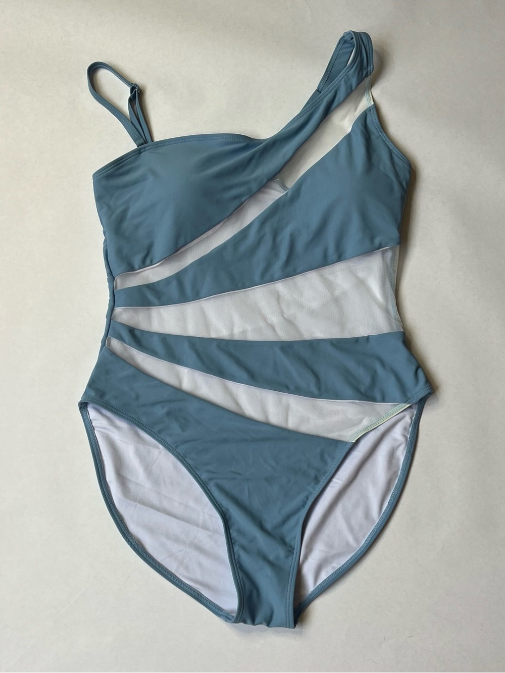 One-Shoulder Blue Mesh Panel Swimsuit L